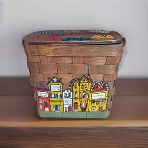Borsa cesto Caro Nan legno dipinto a mano tessuto vintage anni 60 firmata boho - Foto 1 di 13