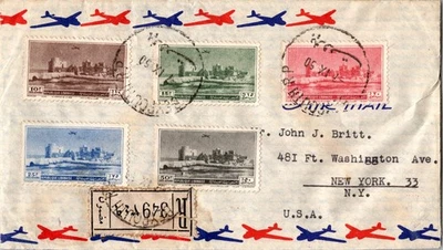 Juego de estampillas 1950 Beirut Líbano correo aéreo registrado cubierta a Nueva York NY EE. UU. Foto 1 de 2
