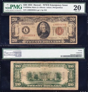 VERY NICE Bold & Crisp VF "Mule" 1934 A $20 HAWAII Federal Reserve Note! PMG 20! - Picture 1 of 3