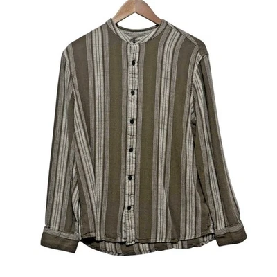 Express Mens L Striped Band Collar Button Front Shirt Taupe Beige Rayon Linen - Image 1 of 4