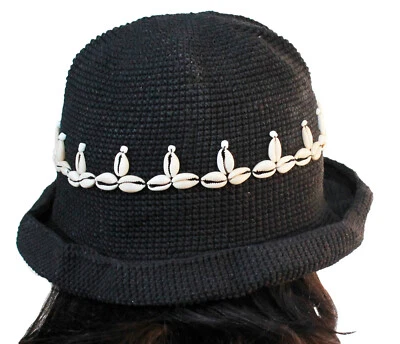 Noir Femmes Coton Crochet Cloche Seau Chapeau Vith Cauris Coque Décorations Neuf - Photo 1/3