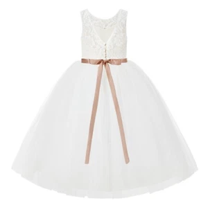 Floral Lace Flower Girl Dress Communion Dress Rhinestone Vintage Lace Dresses - Picture 1 of 21