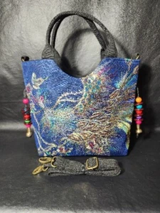 Retro Black Peacock Embroidery Crossbody Handbag Tote Boho Beaded - Picture 1 of 4