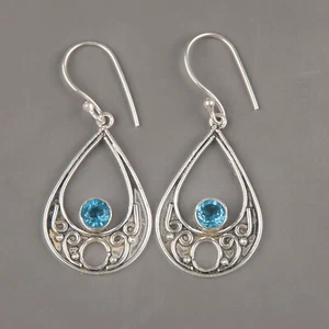 Swiss Blue Topaz Gemstone 925 Sterling Silver Drop/Dangle Earrings For Women - Picture 1 of 8