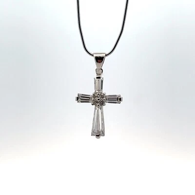 Argento Sterling Creato IN Laboratorio Zirconia Cubica Affusolato Baguette Croce - Immagine 1 di 4