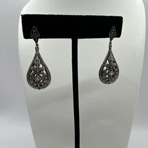 Sterling Gold & Silver Marcasite Earrings 925 Silver Drop Filigree Pierced - Picture 1 of 6