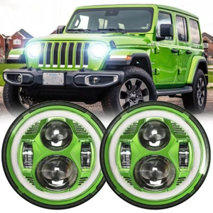 For Jeep Wrangler JK LJ CJ TJ 97-2018 Green DOT Pair 7" Round LED Headlights DRL - Picture 1 of 12