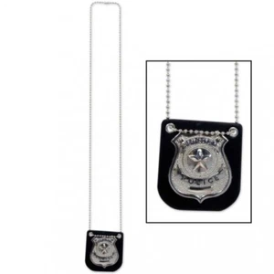 Metal Police Badge Leather Holder & Chain Attached Police Costume Prop - Picture 1 of 1