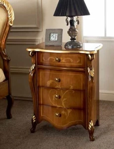 COMODINO IN LEGNO NOCE CON DECORI IN FOGLIA ORO CAMERA DA LETTO ARREDO CASA - Picture 1 of 1