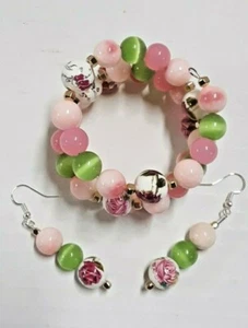 Handmade Beaded Healing Bracelet and Earring Set Flowers Floral Cat Eye - Picture 1 of 5