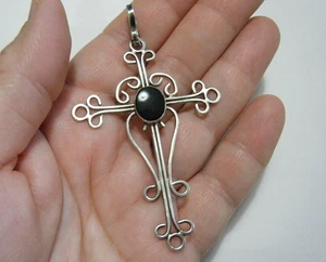 3" Large Vintage Sterling Silver & Onyx Signed Masterson Cross Pendant Southwest - Picture 1 of 7