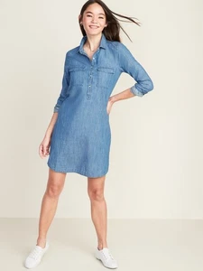 New! Old Navy Blue Chambray Denim Long Sleeve Utility Shirt Dress Size Small S 4 - Picture 1 of 1