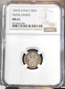 1847 ITALY SILVER 5 BAIOCCHI PAPAL STATES NGC MS 61 RARE MINT STATE - Picture 1 of 3