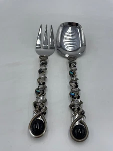 Vintage Set Salad Serving Spoon & Fork Beaded Wire Wrap Stainless Steel - Picture 1 of 6
