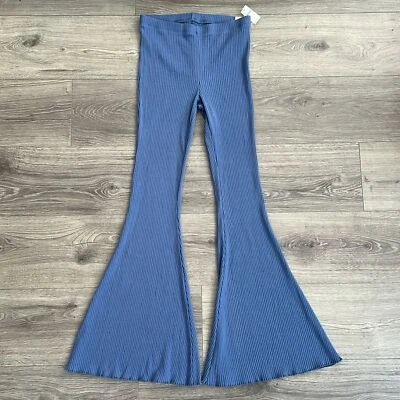 AERIE Ribbed Kick It Super Flare Pants Small Dusty Blue High Rise Boho NWT - Image 1 of 4