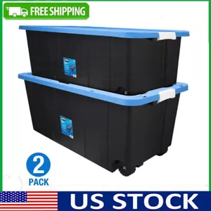 50 Gallon Rolling Plastic Storage Bin Container with Pull Handle & Lid, Set of 2 - Picture 1 of 16
