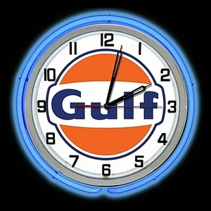 19" Gulf Gas Oil Logo Sign Double Neon Clock Blue Neon Man Cave Bar Garage - Foto 1 di 2