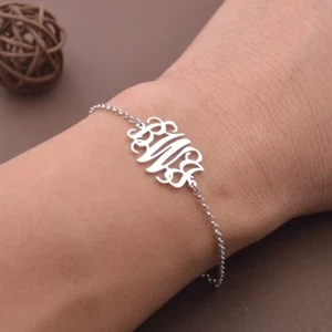 Custom Monogram Bracelet Initials Name Jewelry Letters Stainless Steel Gold Gift - Picture 1 of 8