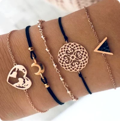 Nuevo conjunto de pulsera de cadena de cuerda negra bohemia para mujer avión concha luna corazón c Foto 1 de 3