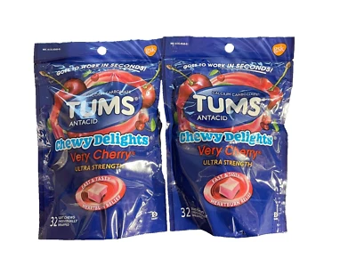 TWO BAGS Tums Antacid Chewy Delights VERY CHERRY 32 Soft Chews each (64 total) - Image 1 of 4