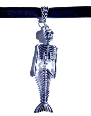 GARGANTILHA DE VELUDO PRETO ESQUELETO DE SEREIA colar de prata Fiji gótico náutico 4D - Imagem 1 de 4