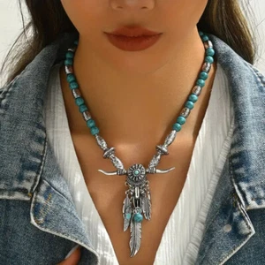 HORSE & WESTERN JEWELLERY JEWELRY BEADED WESTERN LONGHORN NECKLACE SET SILVER - Picture 1 of 2