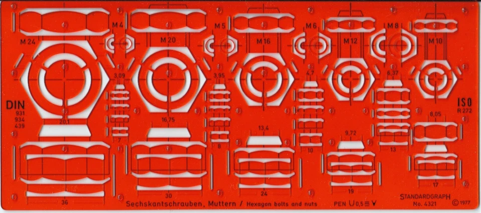 ZEICHEN SCHABLONE STANDARDGRAPH 4321 SECHSKANTSCHRAUBEN, MUTTERN - Bild 1 von 1