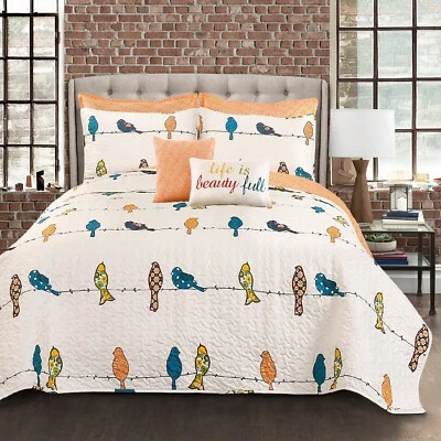 Quilt Set King Blue Yellow White Bird Wire Print 7 Piece Reversible Bed Cover - Image 1 of 4