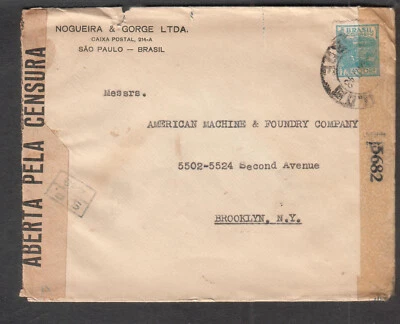 Brazil 1943 WWII censors 5682 & SP 443 cover Nogueira & Gorge Ltda S Paolo to NY - Image 1 of 2
