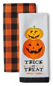 Halloween Trick or Treat Kitchen Towels Pumpkins 2 Ct 15" x 25" New by Mainstay - Picture 1 of 12