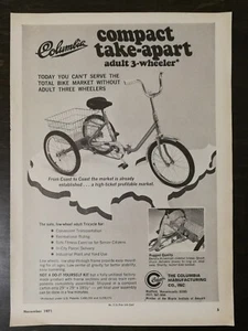 Bicicleta de 3 ruedas Columbia 1971 vintage para adultos página completa anuncio original - Imagen 1 de 1
