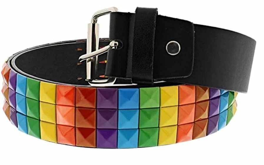 Unisex 3 Row Rainbow Colour Stripe Pride Pyramid Studded Belt Punk Goth One Size
