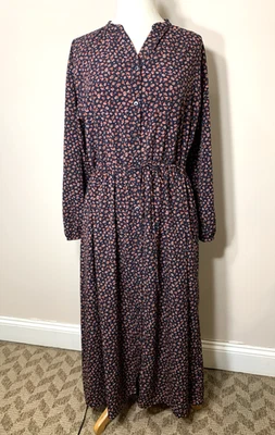 Vestido Uniqlo Mediano Azul Marino Ditsy Floral Manga Larga Modesto Midi Foto 1 de 4