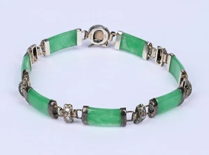 Vintage Green Jade & Sterling Silver Bracelet 10.35g – 7" Asian Motif - Picture 1 of 14