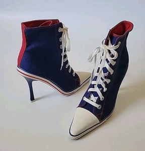 Anne Michelle Nowell Stiletto Lace Up Sneaker Heels 9 Navy Blue Sporty - Picture 1 of 17