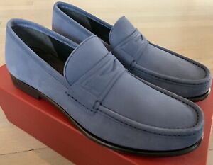 $650 Salvatore Ferragamo Connor Blue Nubuck Slip Ons Size US 10 Made in Italy