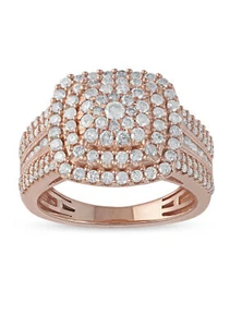 Juego de anillo de boda doble halo de oro rosa 10 quilates con forma de cojín de diamantes - Imagen 1 de 10