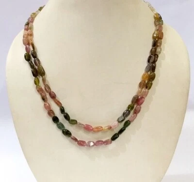 Multi Tourmaline Oval Gemstone Beads Handmade Double Strand layered Necklace 18" - Image 1 of 4