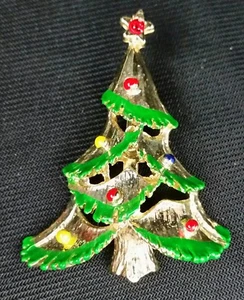 Vintage Gold Tone Red Rhinestone Green Enameled Christmas Tree Brooch Pin 1 3/4" - Picture 1 of 2
