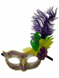 Purple Gold Yellow Green Mardi Gras Feather Flower Masquerade Mask - Picture 1 of 3