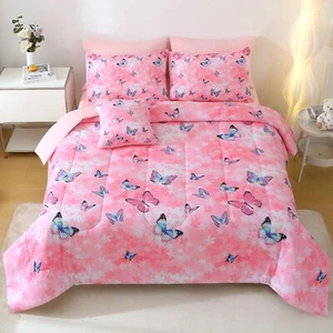 JQinHome 8 Pc Butterfly Comforter Set Queen, 3D Pink Flower Printed Bedding S... - Picture 1 of 8