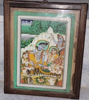Antique Old Collectible Fine Hand Painted Paper Painting Lord Shiva Ganesh - Image 1 of 4