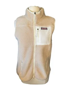 Vineyard Vines Fleece Vest Sherpa Patch Pocket Medium Tan White Full Zip - Picture 1 of 8