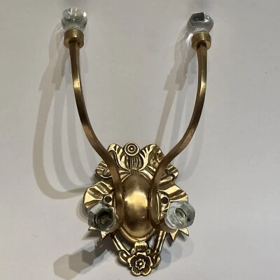 De colección Latón Sólido Montaje en Pared Doble Brazo 4 Ganchos Perchero Perillas de Vidrio Facetado Foto 1 de 4