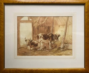 Hermosa pintura acuarela de ganado enmarcada en rebabas de principios del siglo XX (1 de 2) - Imagen 1 de 13