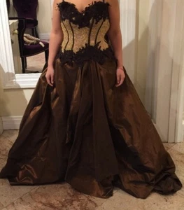Sexy Corset Size 12-14 Dress By Juan Carlos Pinera Satin Silk Skirt Brown Beige - Picture 1 of 4