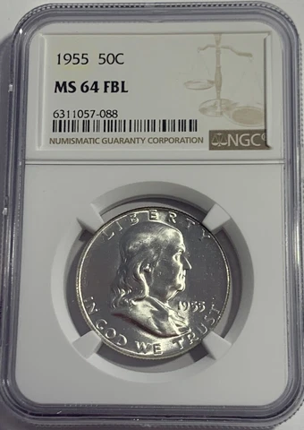 1955 P NGC MS64 FBL FRANKLIN HALF DOLLAR WHITE COINS 90% SILVER FULL BELL LINES Cover