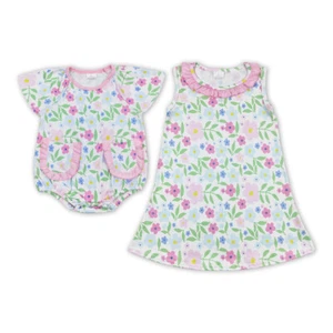 Floral Pink Sleeveless Knee Length Dresses and Romper Sibling Summer - Picture 1 of 20
