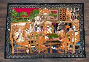 Vintage Wandteppich Hunde spielen Poker/Karten - Spielzimmer Dekor 54"x 38" - Bild 1 von 8