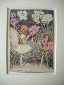 Vintage Flower Fairies Print & Mount The Pink Fairies Cicely Mary Barker c1930's - Picture 1 of 3